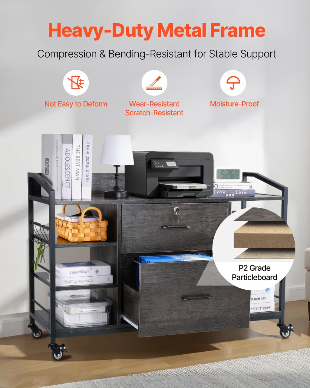 2 Drawer Metal File Cabinet with Lock and 6 Open Shelves, Gray L178