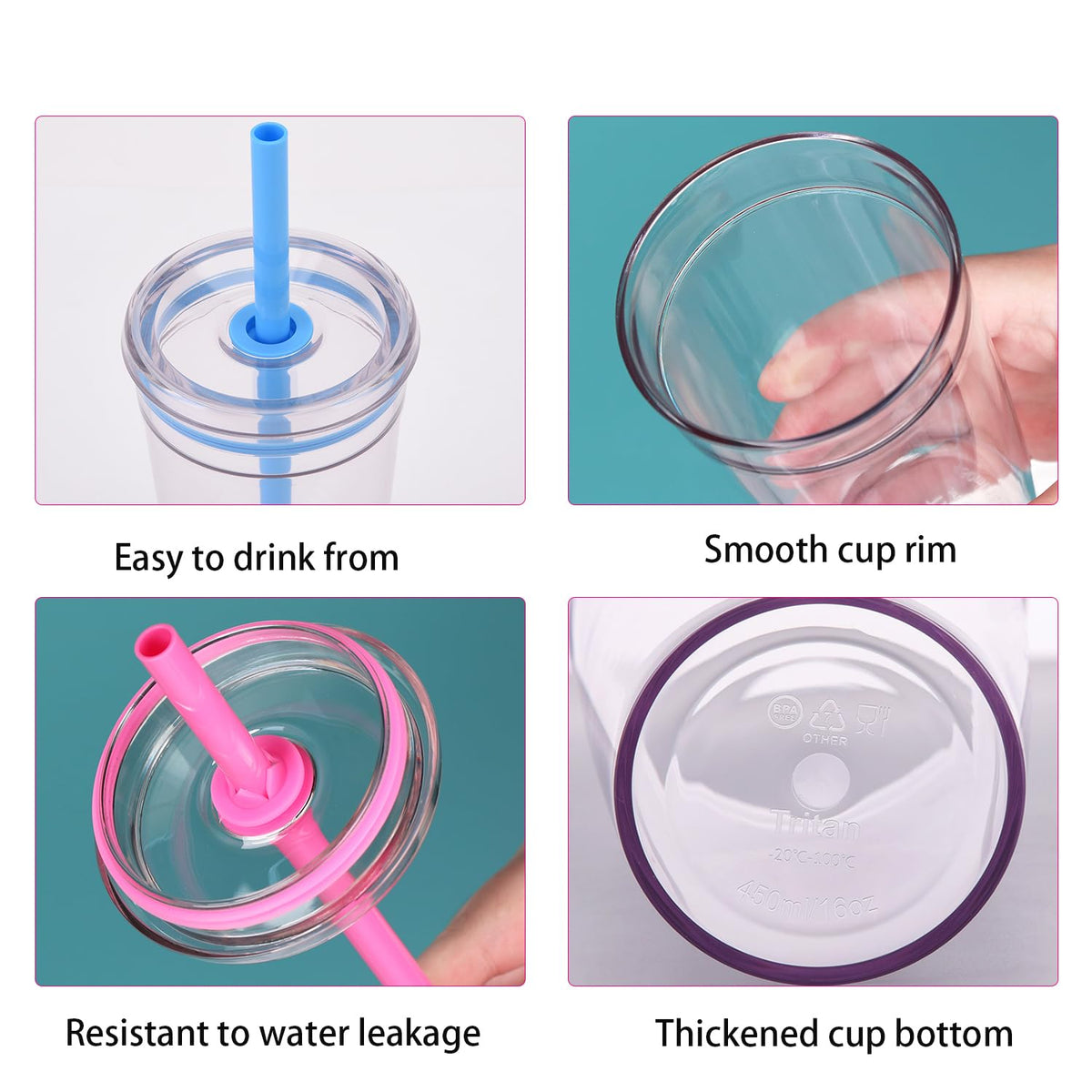 16 oz Plastic Tumbler Cup with Lid and Straw, 6 Pack T582102
