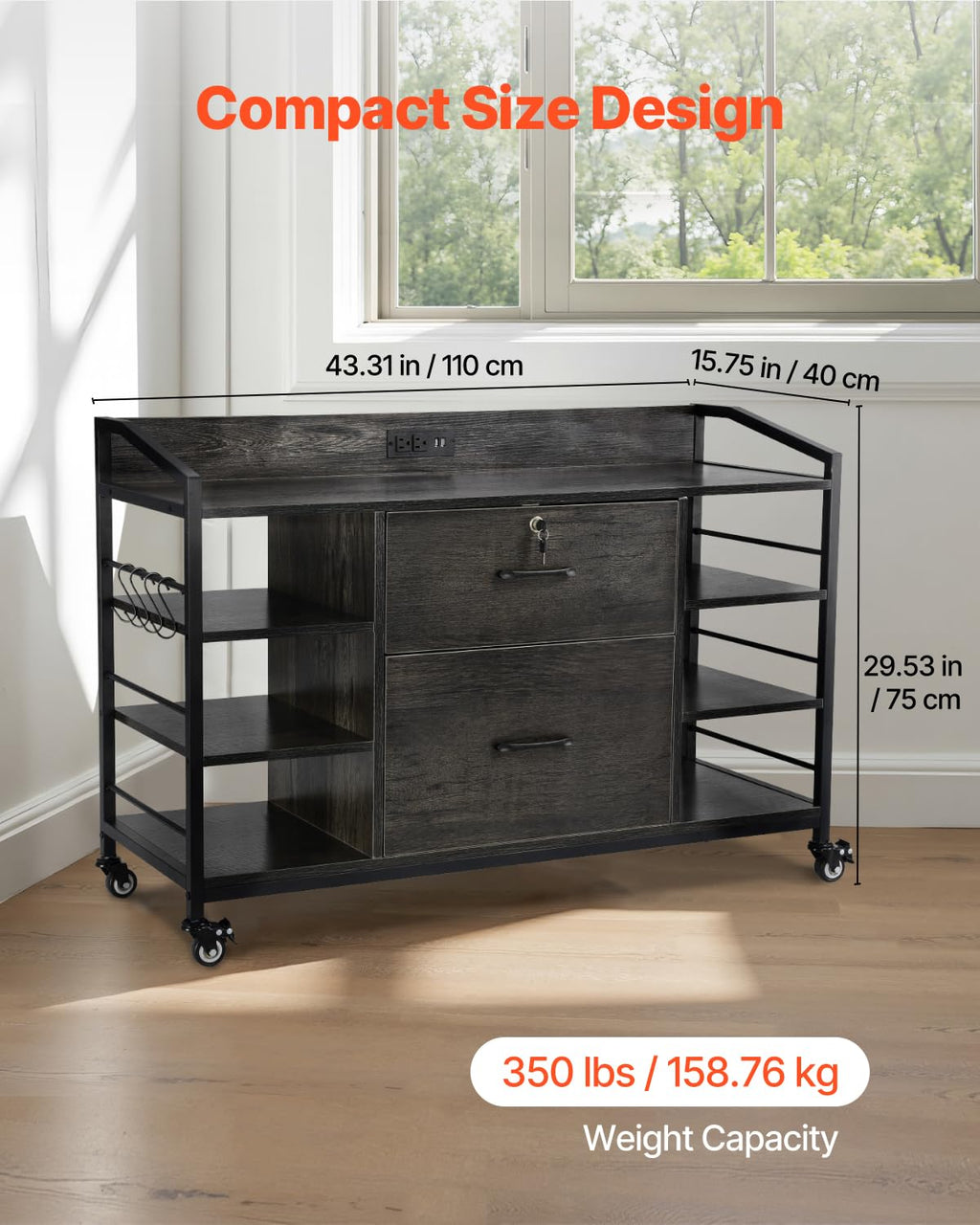 2 Drawer Metal File Cabinet with Lock and 6 Open Shelves, Gray L178