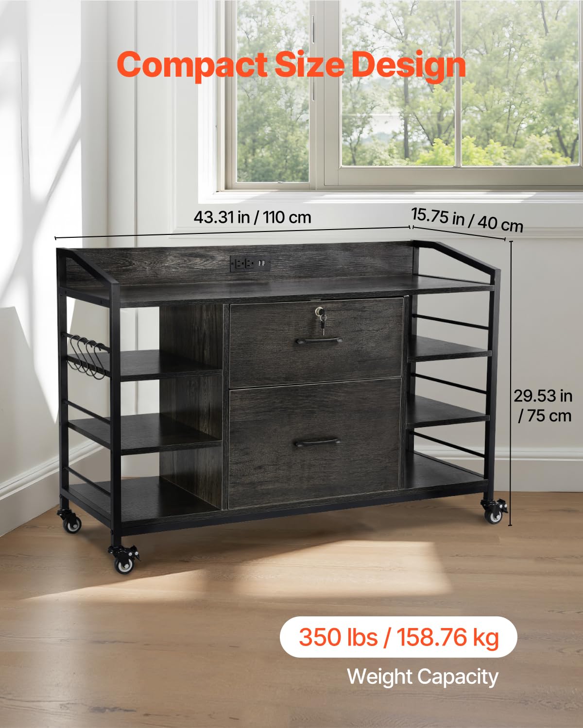 2 Drawer Metal File Cabinet with Lock and 6 Open Shelves, Gray L178