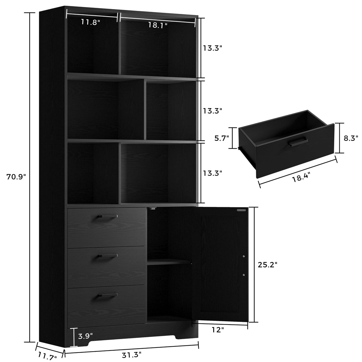 70.9-Inch Black Bookcase with Doors and 3 Drawers V2412