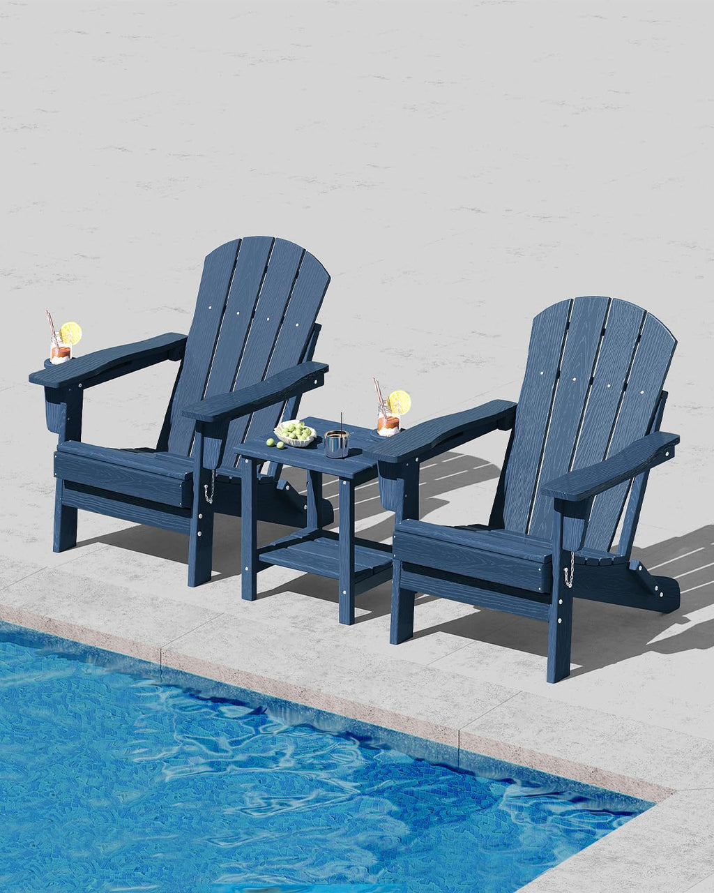 HDPE Folding Adirondack Chair Set of 2 with Side Table, Navy Blue T8185