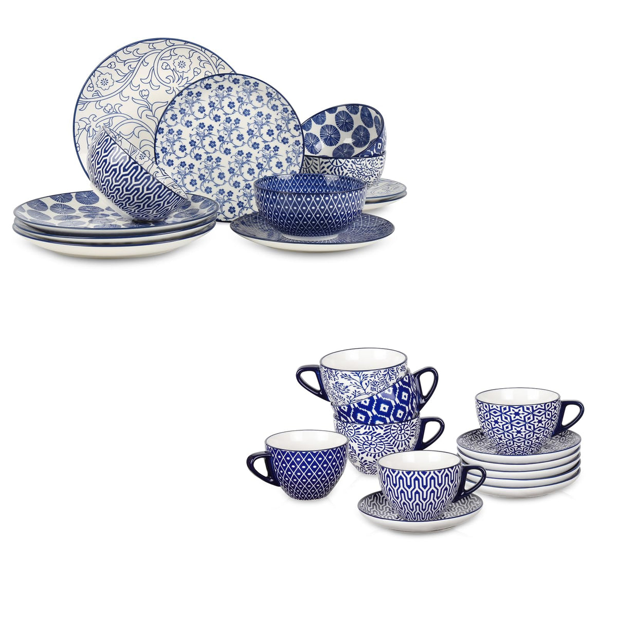 Ceramic Dinnerware Sets 12 Piece + 8 OZ Cappuccino Cup Set with Saucers W2607
