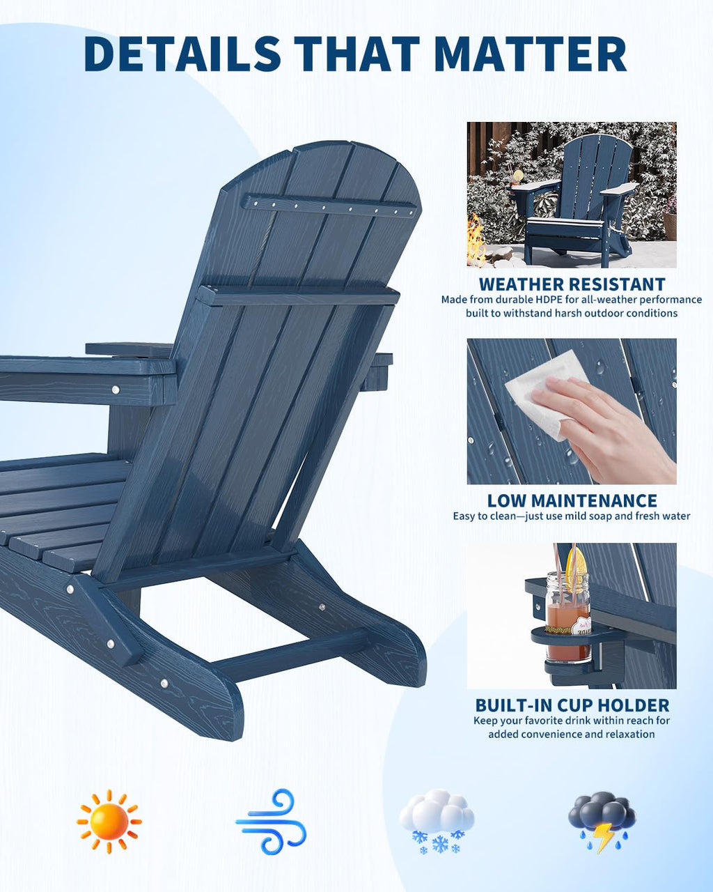 HDPE Folding Adirondack Chair Set of 2 with Side Table, Navy Blue T8185