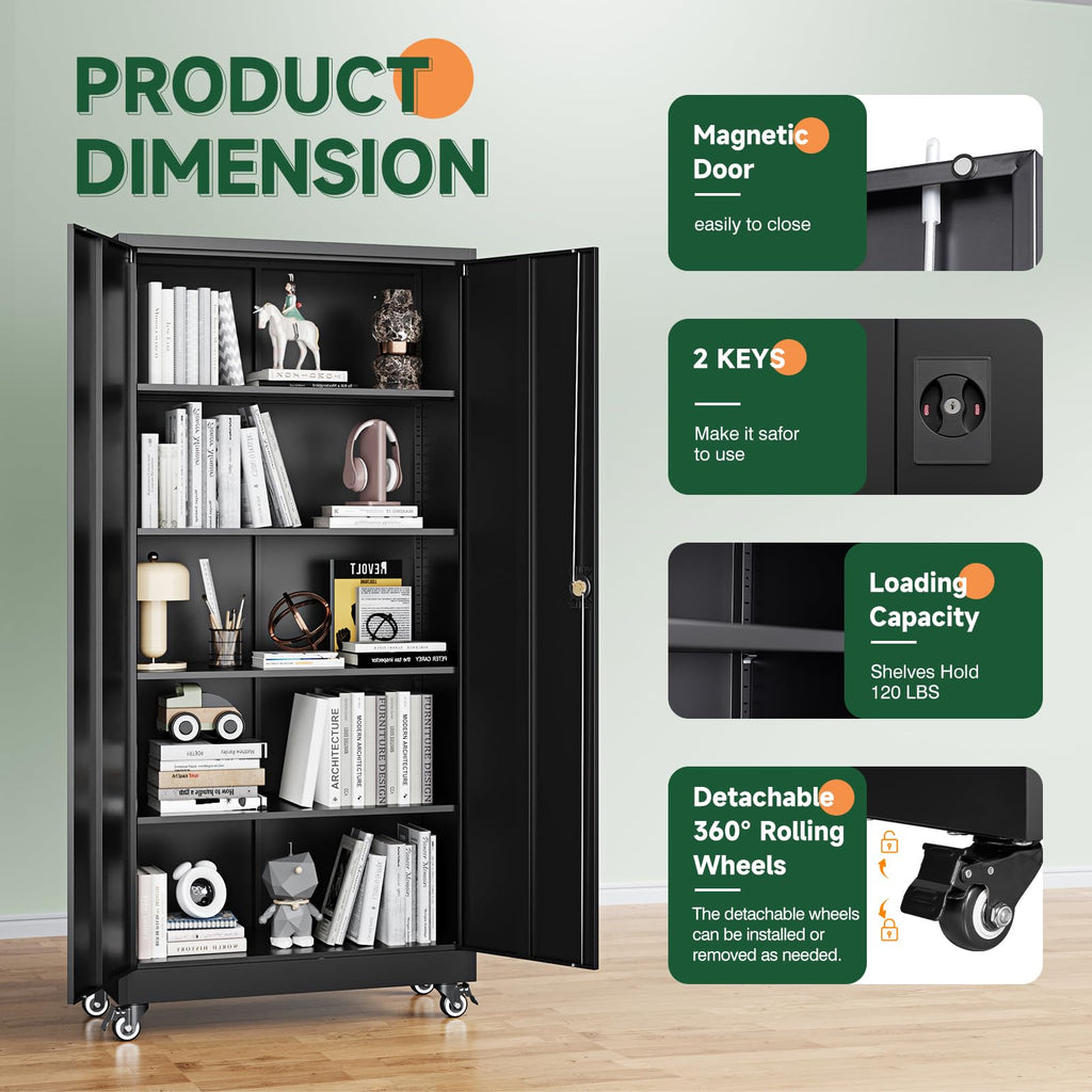 Metal Garage Storage Cabinets with Wheels, Locking Door and Adjustable Shelves (Black, 74.41" H) I8067