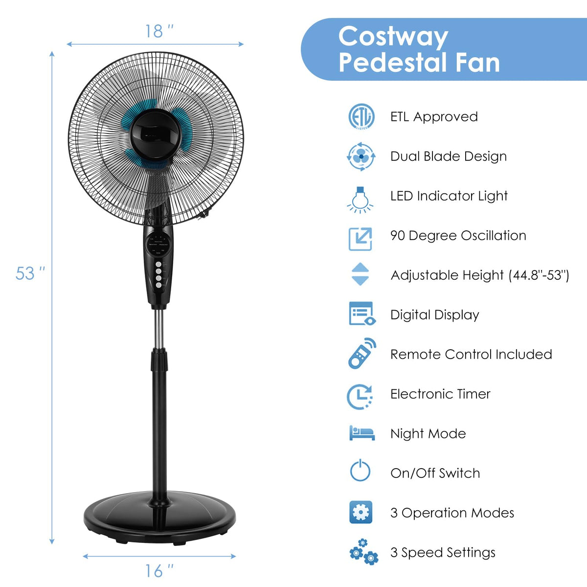 16” Pedestal Fan with 3-Speed Digital Control T82983