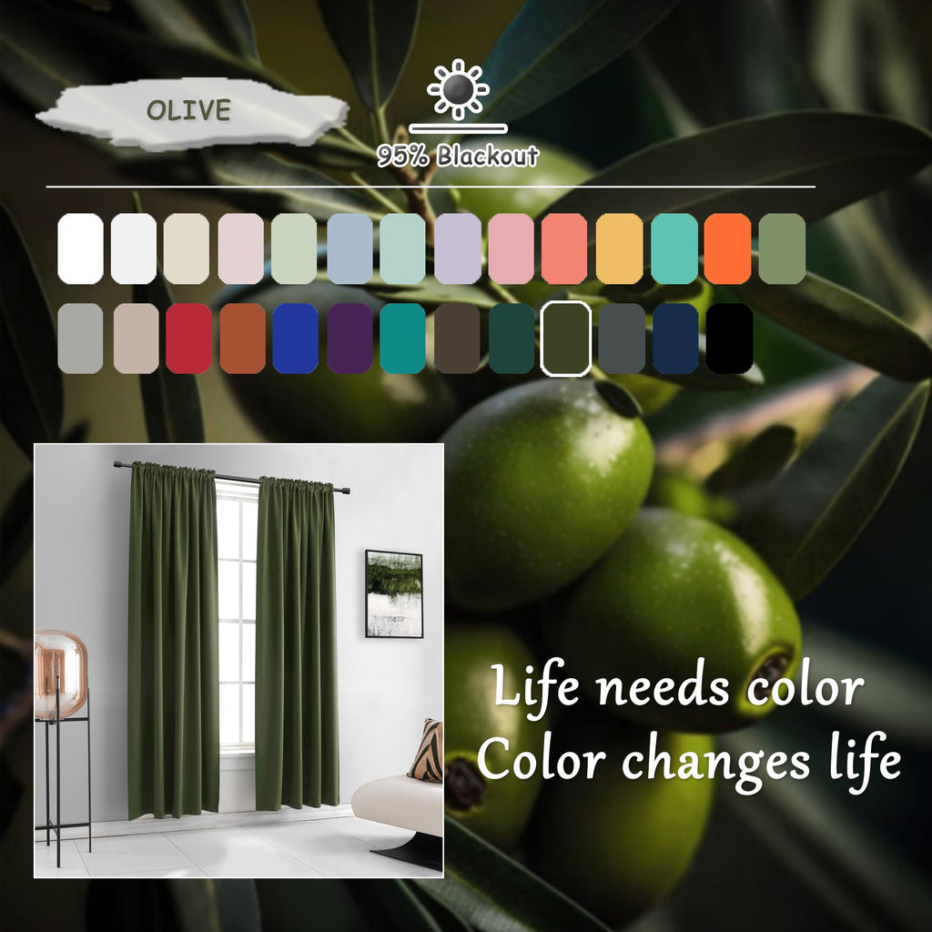 Olive Green 96 Inch Blackout Curtains, Set of 2 Panels G341