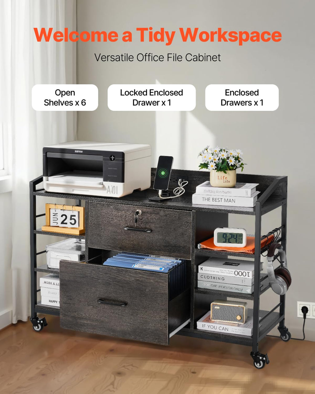 2 Drawer Metal File Cabinet with Lock and 6 Open Shelves, Gray L178