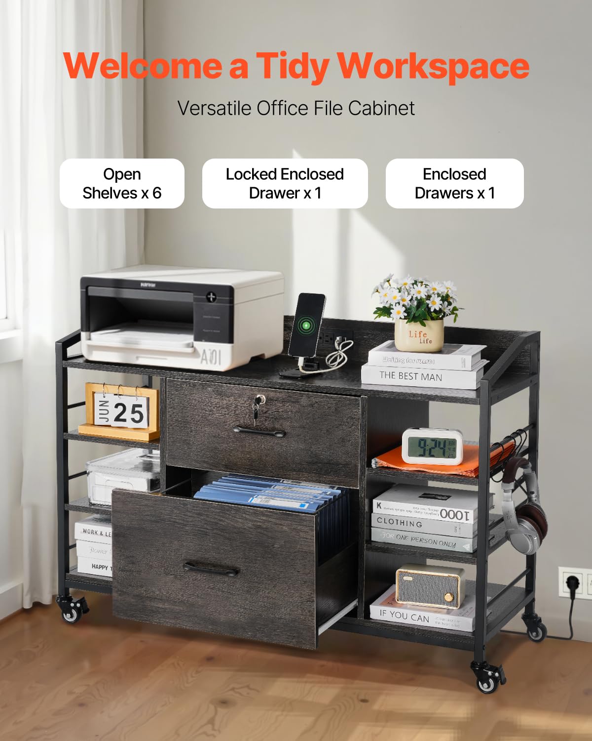 2 Drawer Metal File Cabinet with Lock and 6 Open Shelves, Gray L178