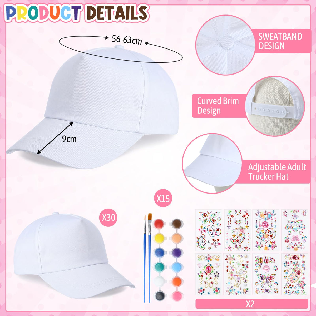 30 Pcs White Blank Adjustable Baseball Caps with Acrylic Paint Brushes U213