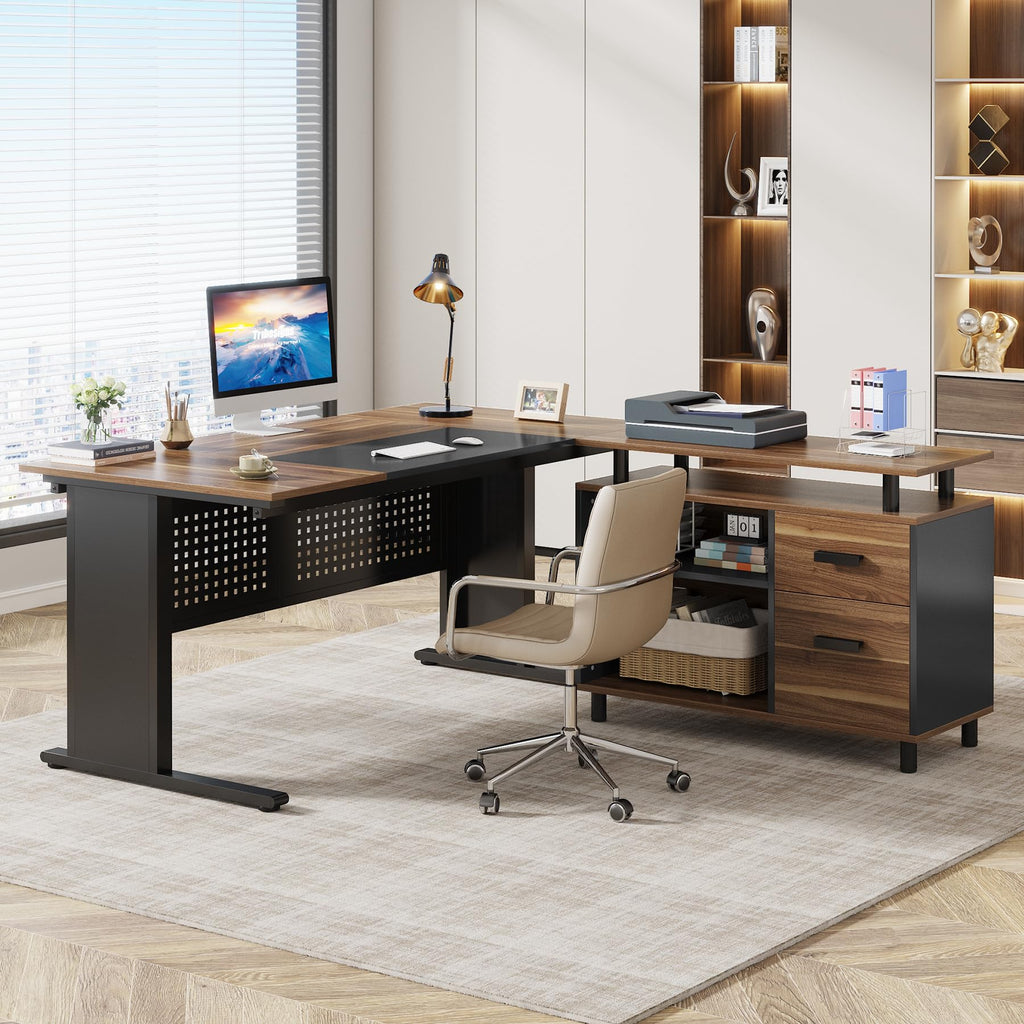 63 Inch L Shaped Computer Desk with File Cabinet and Storage Shelves L9241