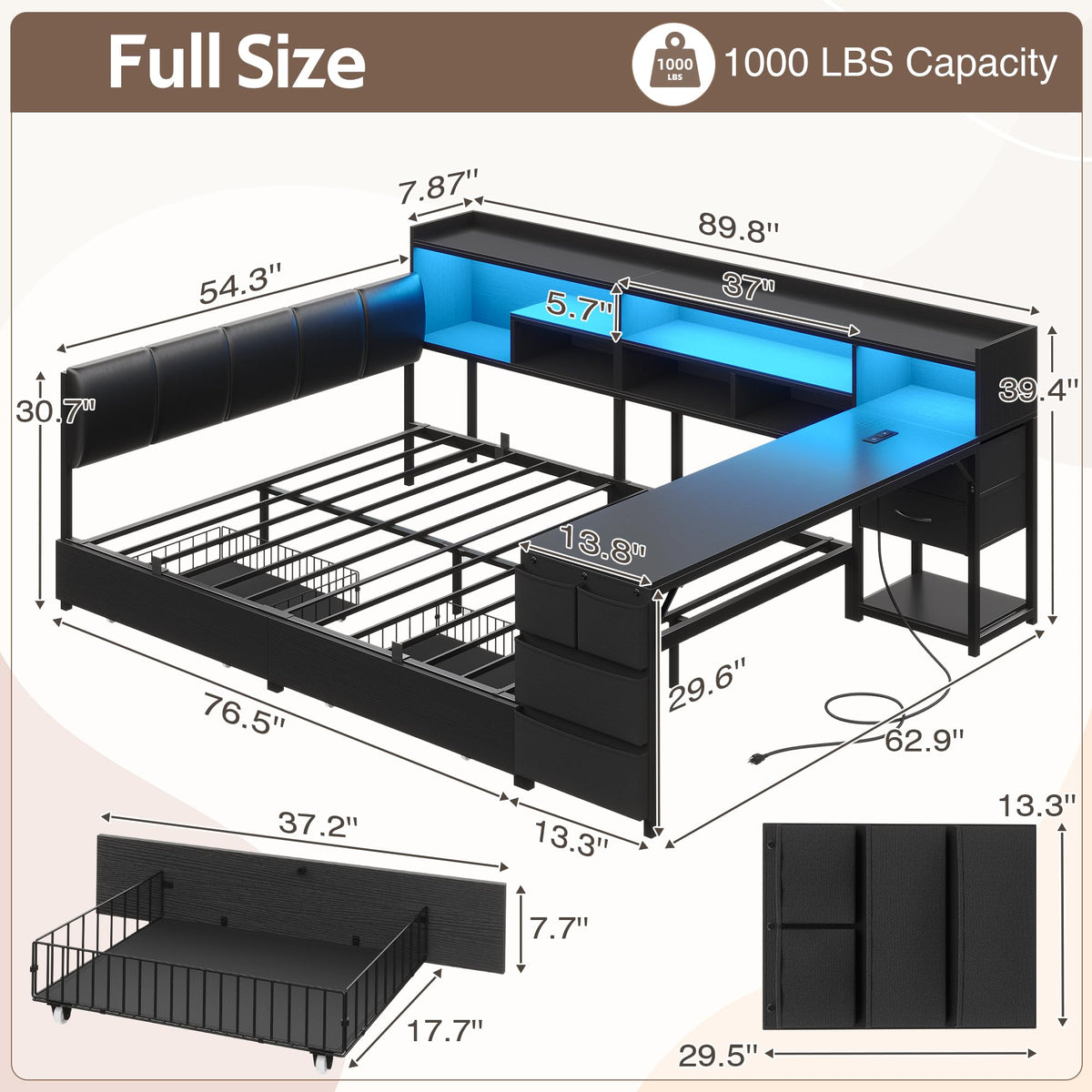 Black Corner Bed Frame Full with Storage and Desk T300593