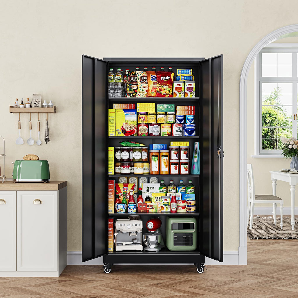 Metal Garage Storage Cabinets with Wheels, Locking Door and Adjustable Shelves (Black, 74.41" H) I8067