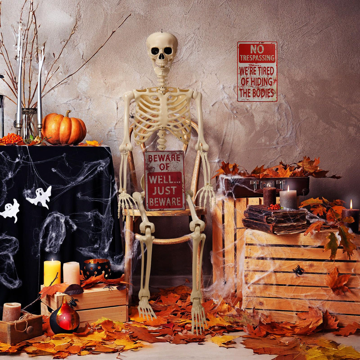 5.4 ft Posable Skeleton with 2 Pack Metal Signs T3897