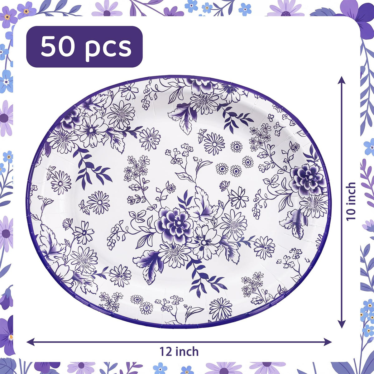 50 Pack Blue Floral Disposable Paper Plates R18517