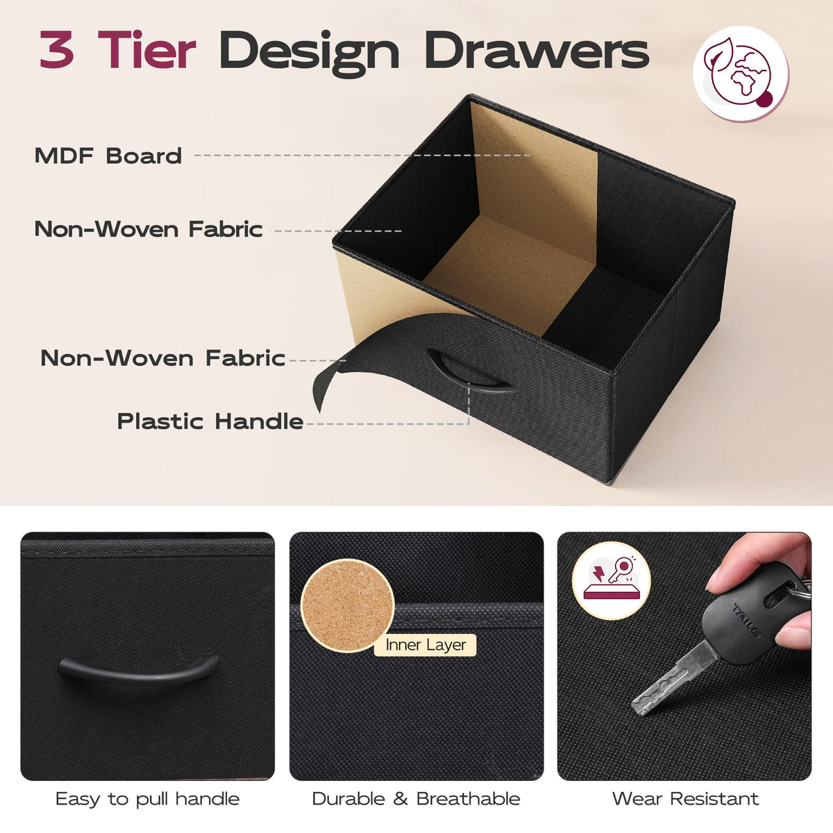 Black 6 Drawer Fabric Dresser D970