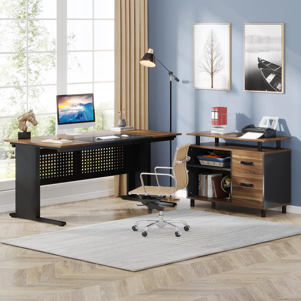 63 Inch L Shaped Computer Desk with File Cabinet and Storage Shelves L9241
