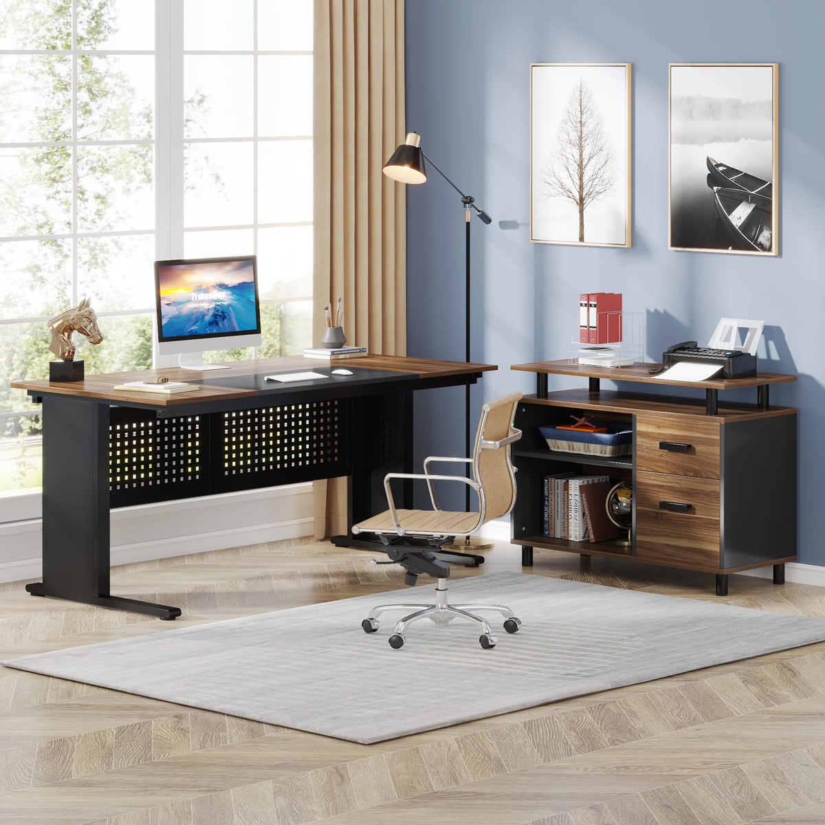 63 Inch L Shaped Computer Desk with File Cabinet and Storage Shelves L9241