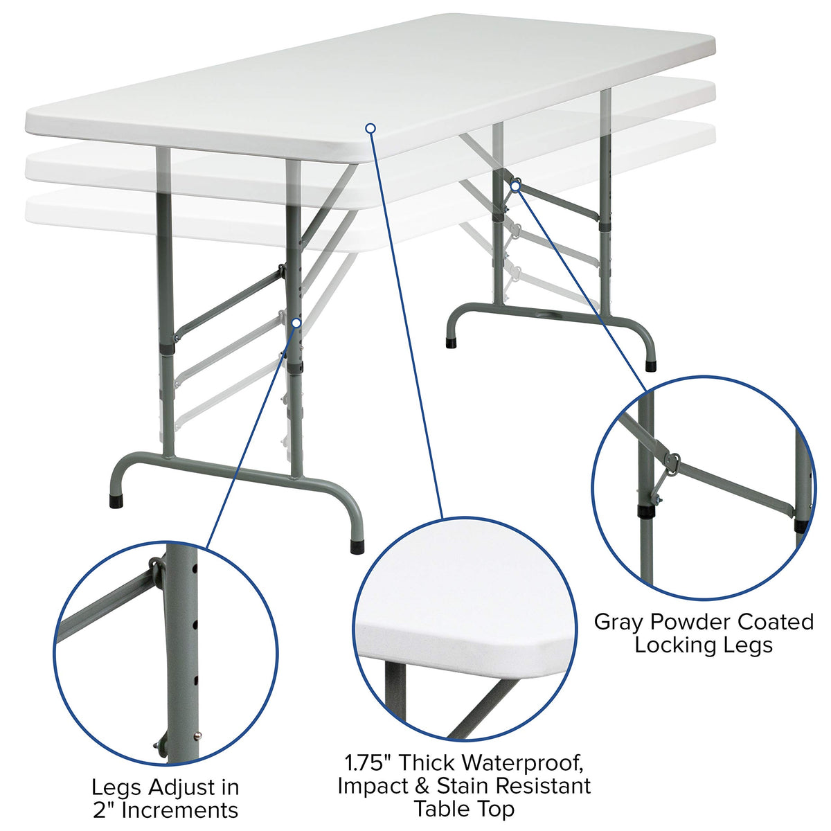 6-Foot Height Adjustable Granite White Plastic Folding Table B6242