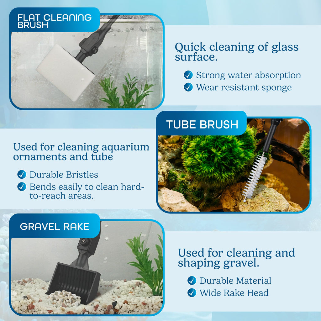 7 in 1 Aquarium Cleaning Kit with Algae Scraper, Fish Net, Gravel Rake & Brush M3977
