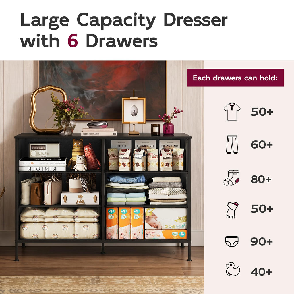 Black 6 Drawer Fabric Dresser D970