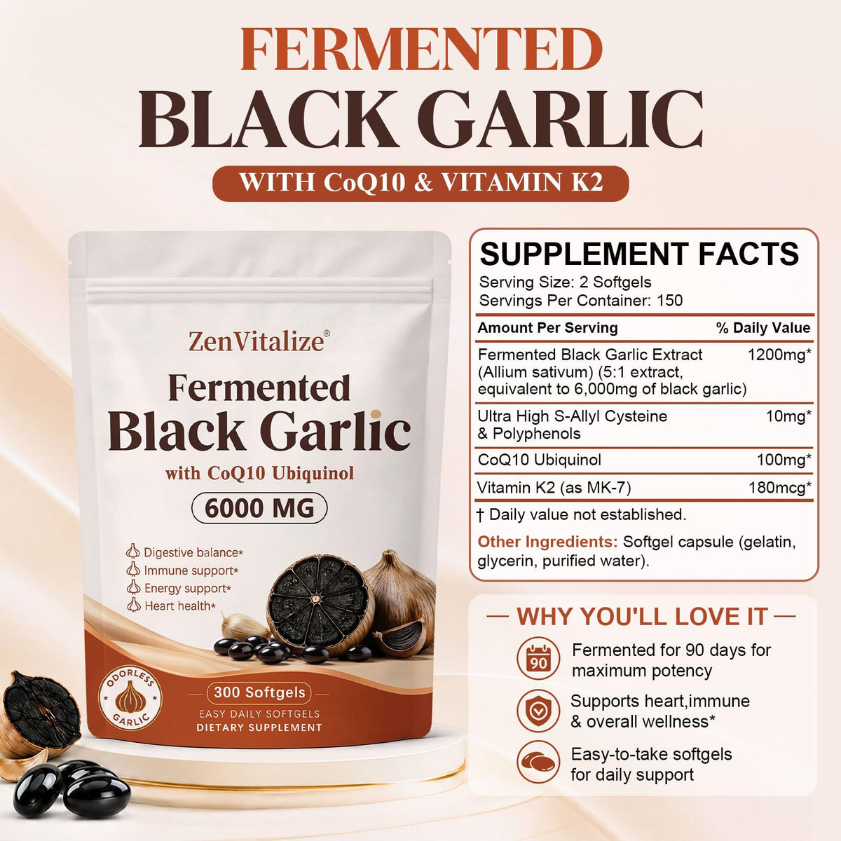 Black Garlic CoQ10 Vitamin K2 Softgels F518039