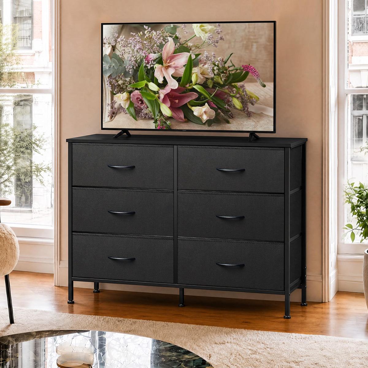 Black 6 Drawer Fabric Dresser D970