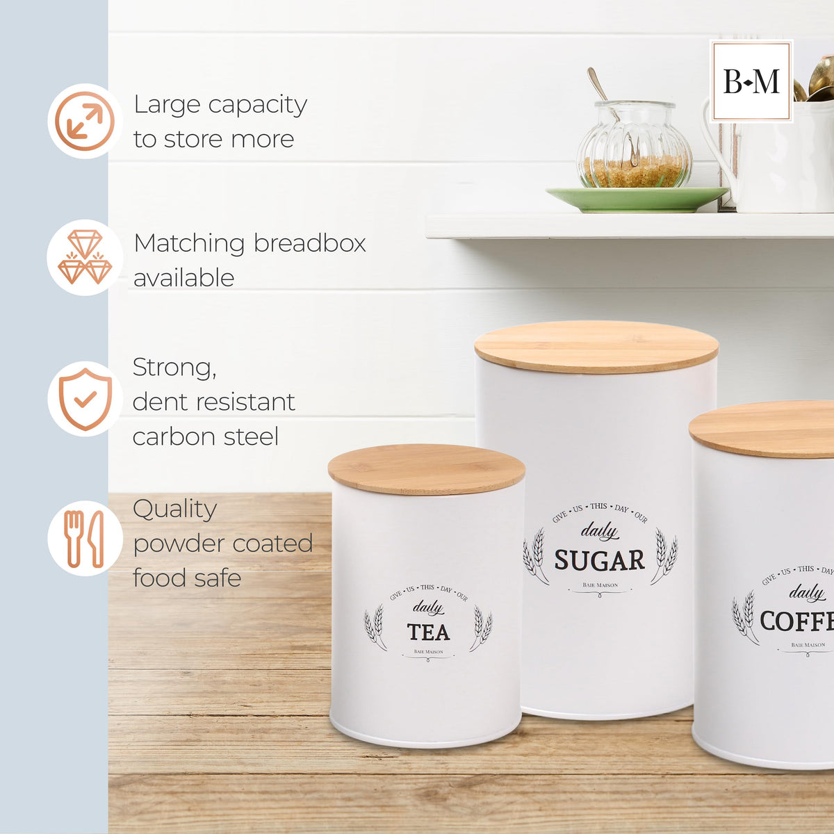 Extra Large White Farmhouse Bread Box with Canisters Set of 3 U848