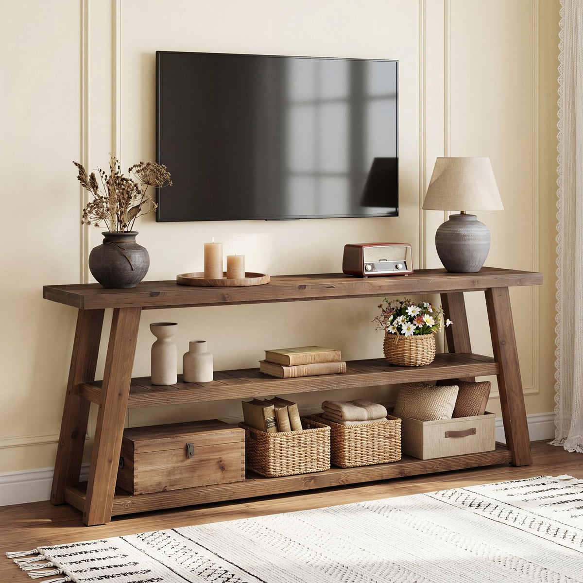 3-Tier Solid Wood TV Stand with Open Storage Shelves G958075