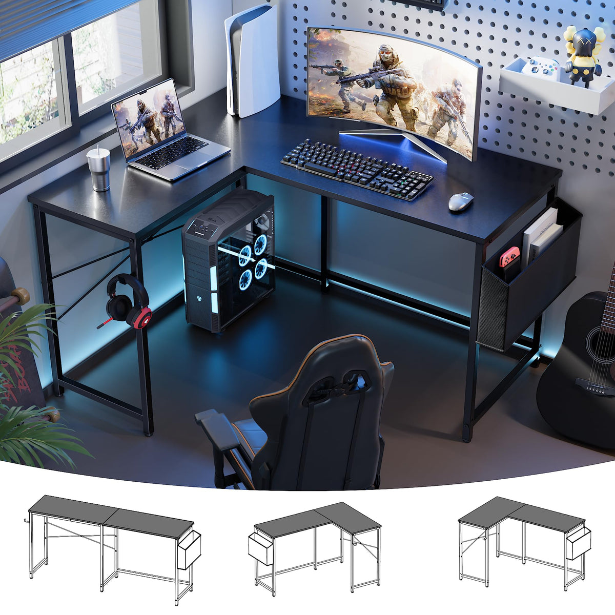 47 Inch Reversible L Shaped Gaming Desk Black W4286