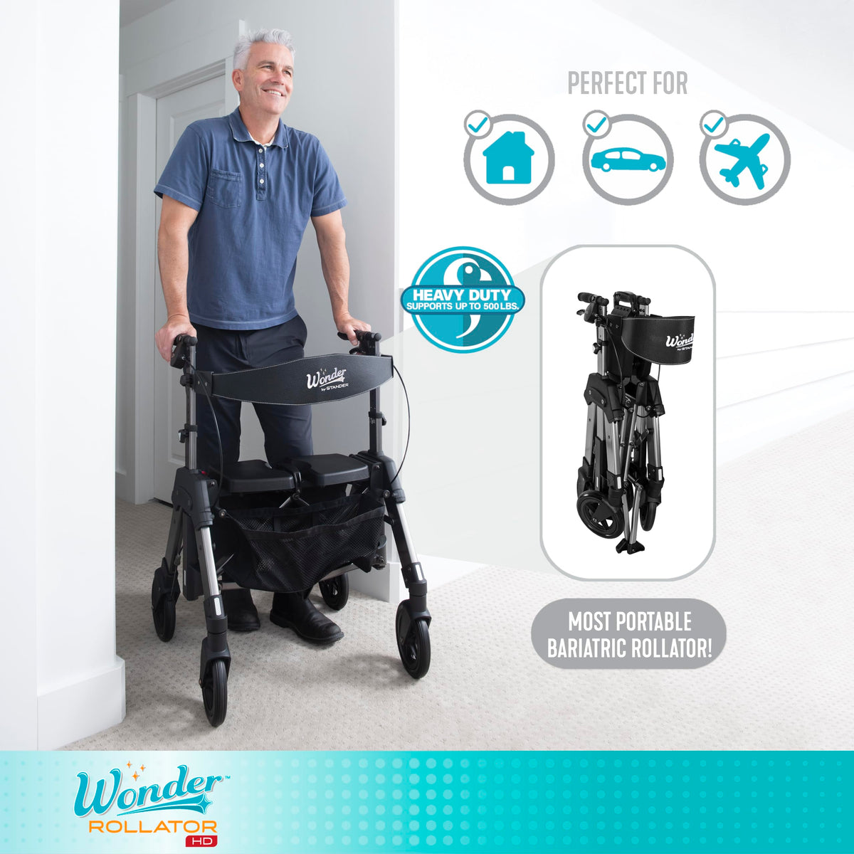 Heavy Duty Folding Rolling Walker with 8-inch Wheels and Wide Seat U41741