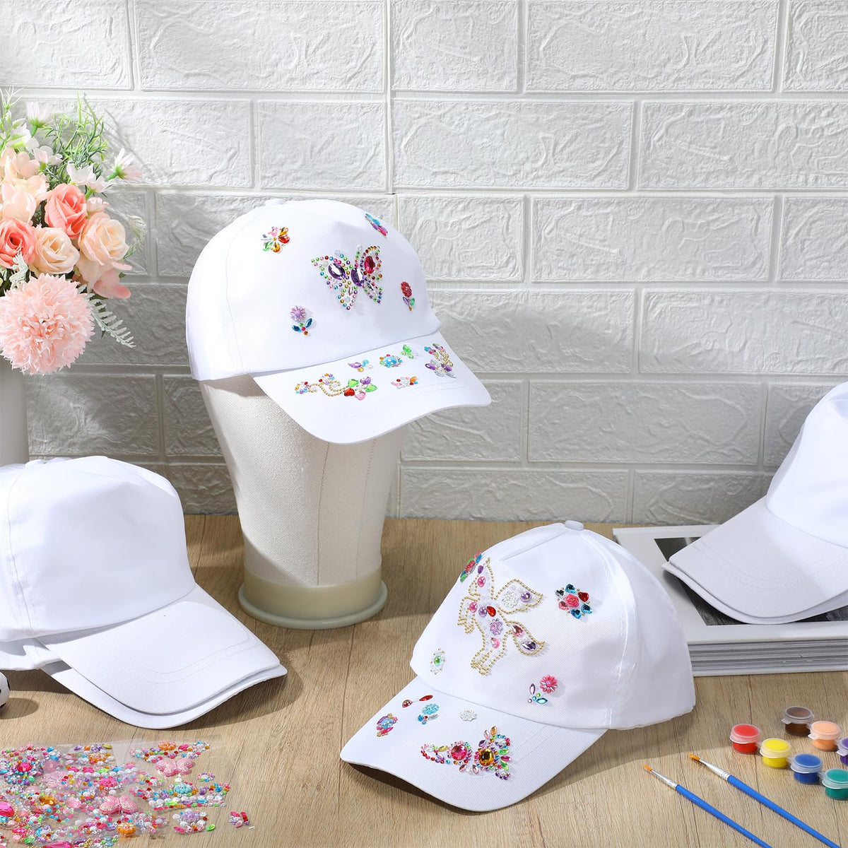 30 Pcs White Blank Adjustable Baseball Caps with Acrylic Paint Brushes U213