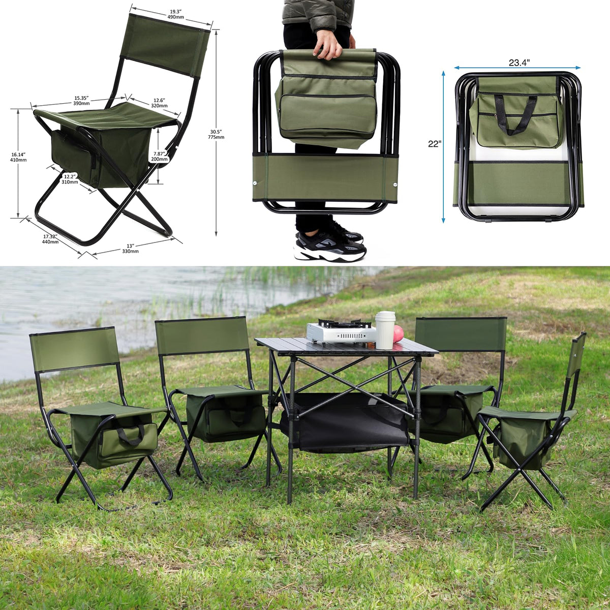 Folding Camping Chair with Storage Bag, 2 Pack, Green E637