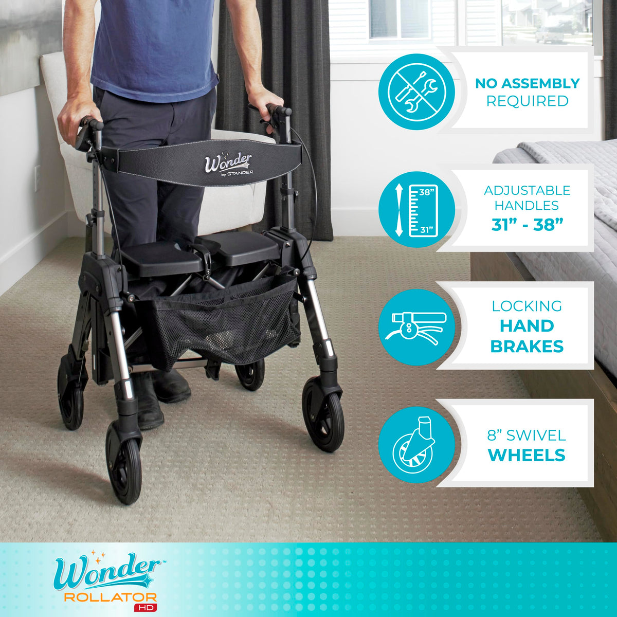 Heavy Duty Folding Rolling Walker with 8-inch Wheels and Wide Seat U41741