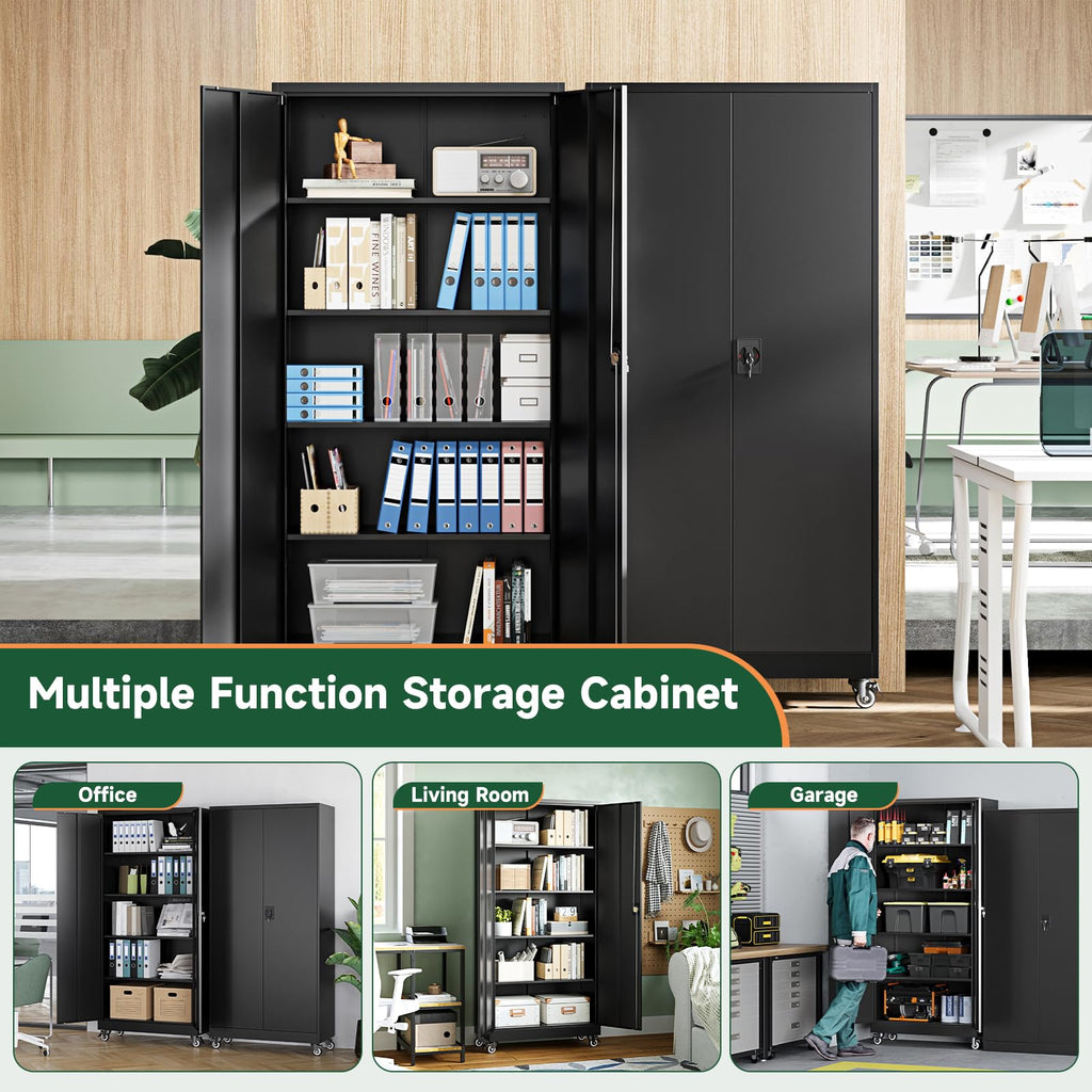 Metal Garage Storage Cabinets with Wheels, Locking Door and Adjustable Shelves (Black, 74.41" H) I8067