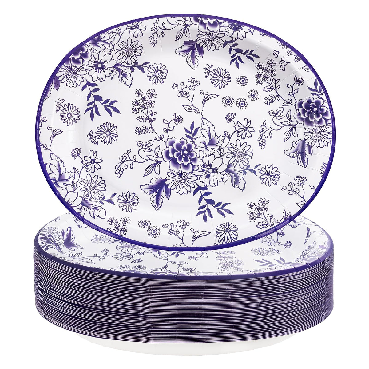 50 Pack Blue Floral Disposable Paper Plates R18517