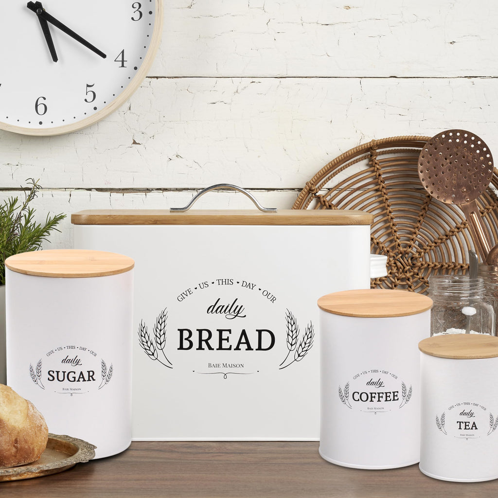 Extra Large White Farmhouse Bread Box with Canisters Set of 3 U848