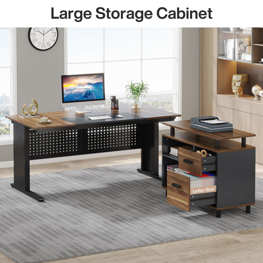 63 Inch L Shaped Computer Desk with File Cabinet and Storage Shelves L9241