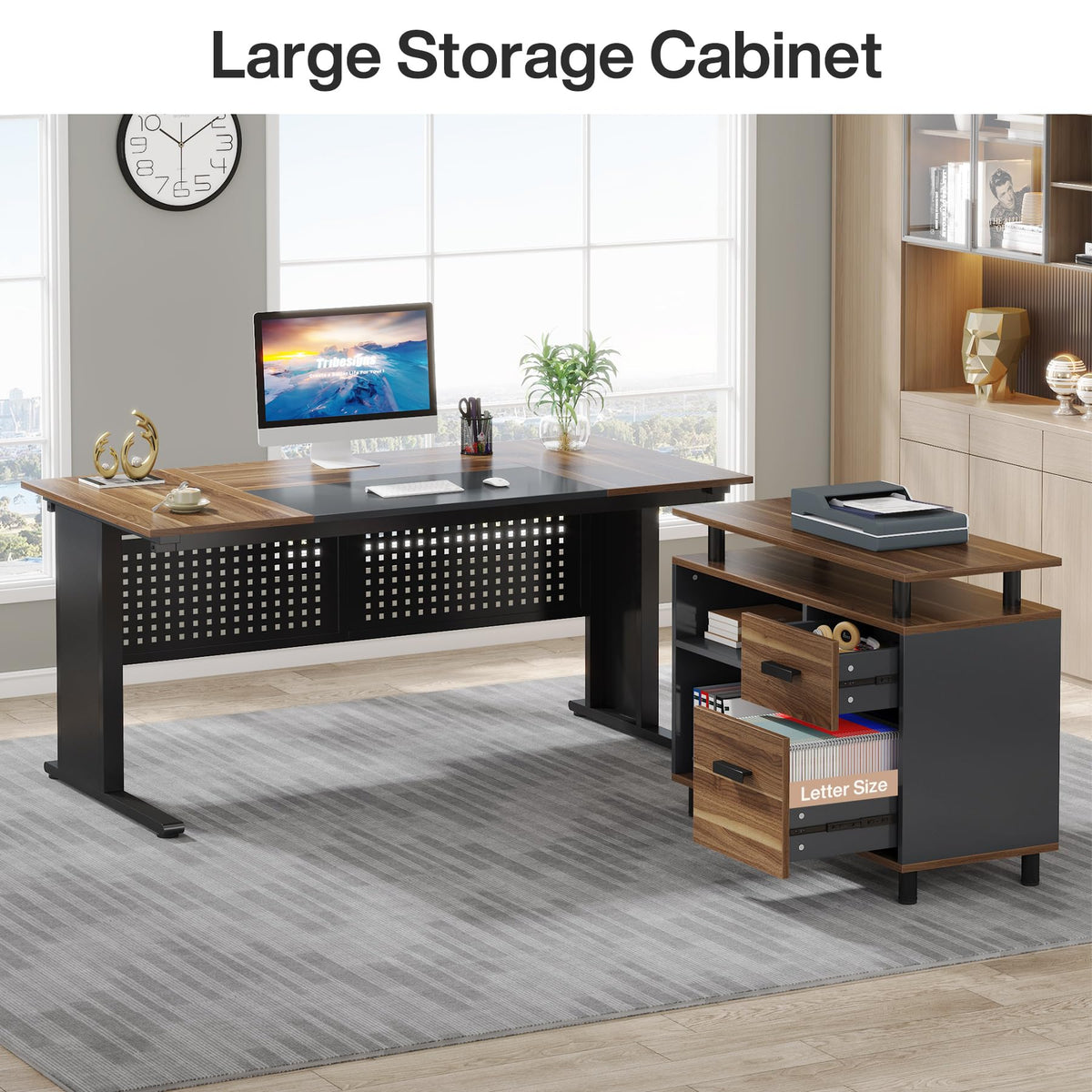 63 Inch L Shaped Computer Desk with File Cabinet and Storage Shelves L9241