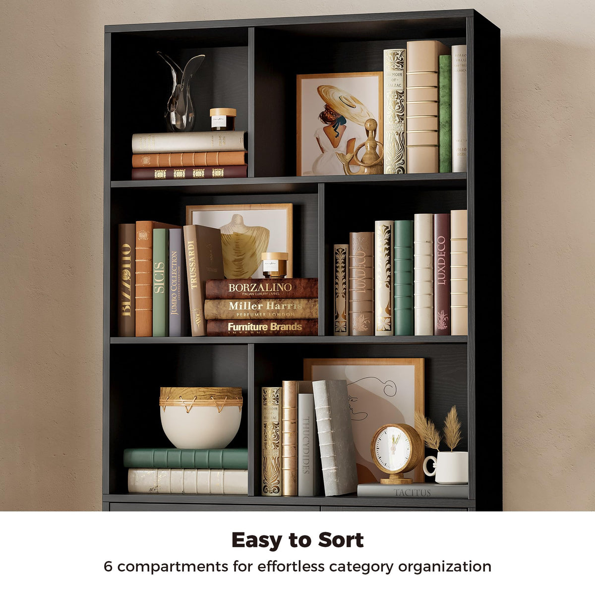 70.9-Inch Black Bookcase with Doors and 3 Drawers V2412