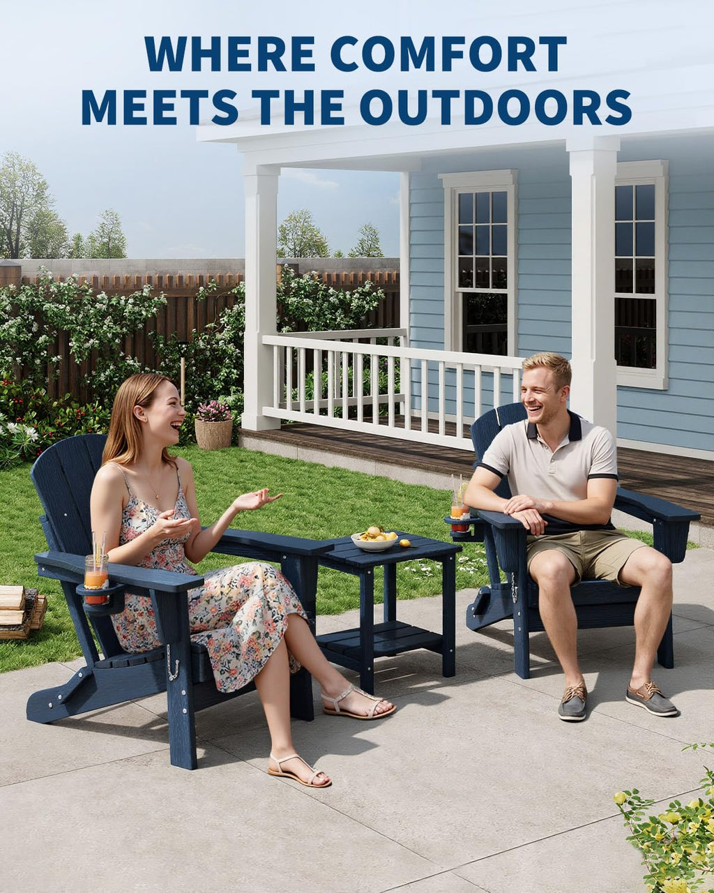 HDPE Folding Adirondack Chair Set of 2 with Side Table, Navy Blue T8185