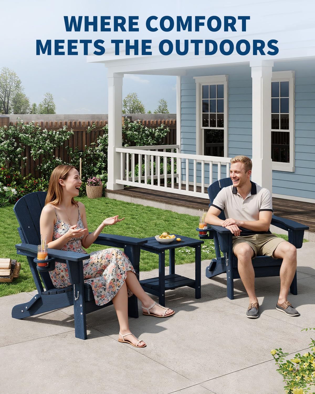 HDPE Folding Adirondack Chair Set of 2 with Side Table, Navy Blue T8185