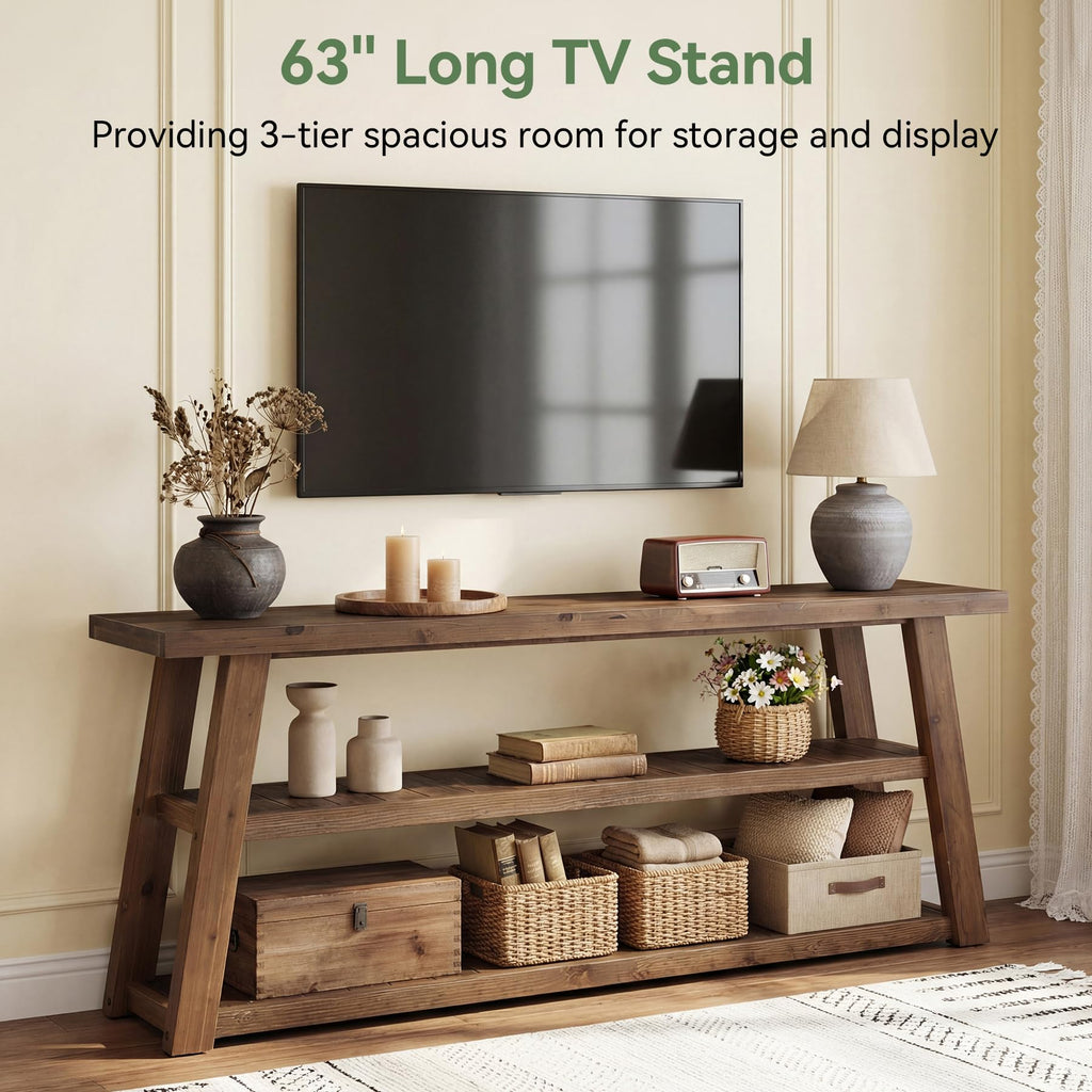 3-Tier Solid Wood TV Stand with Open Storage Shelves G958075