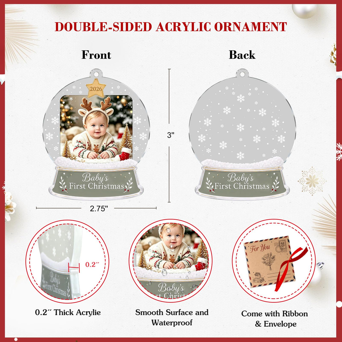 Baby's First Christmas Ornament 2026 Acrylic Photo Frame Ornament W8051