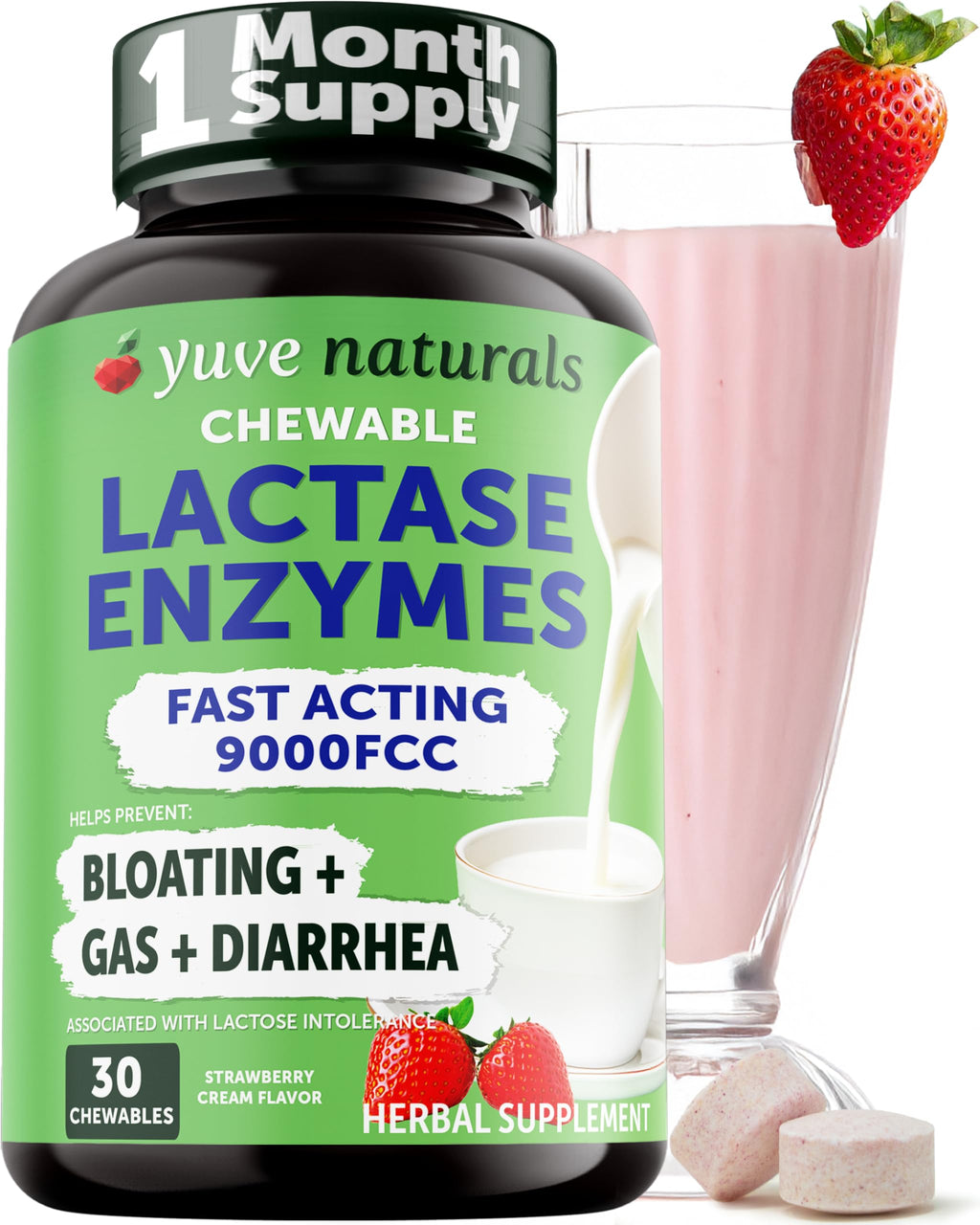 Strawberry Cream Flavor Lactase Enzyme 9000 FCC Chewables 30ct X934
