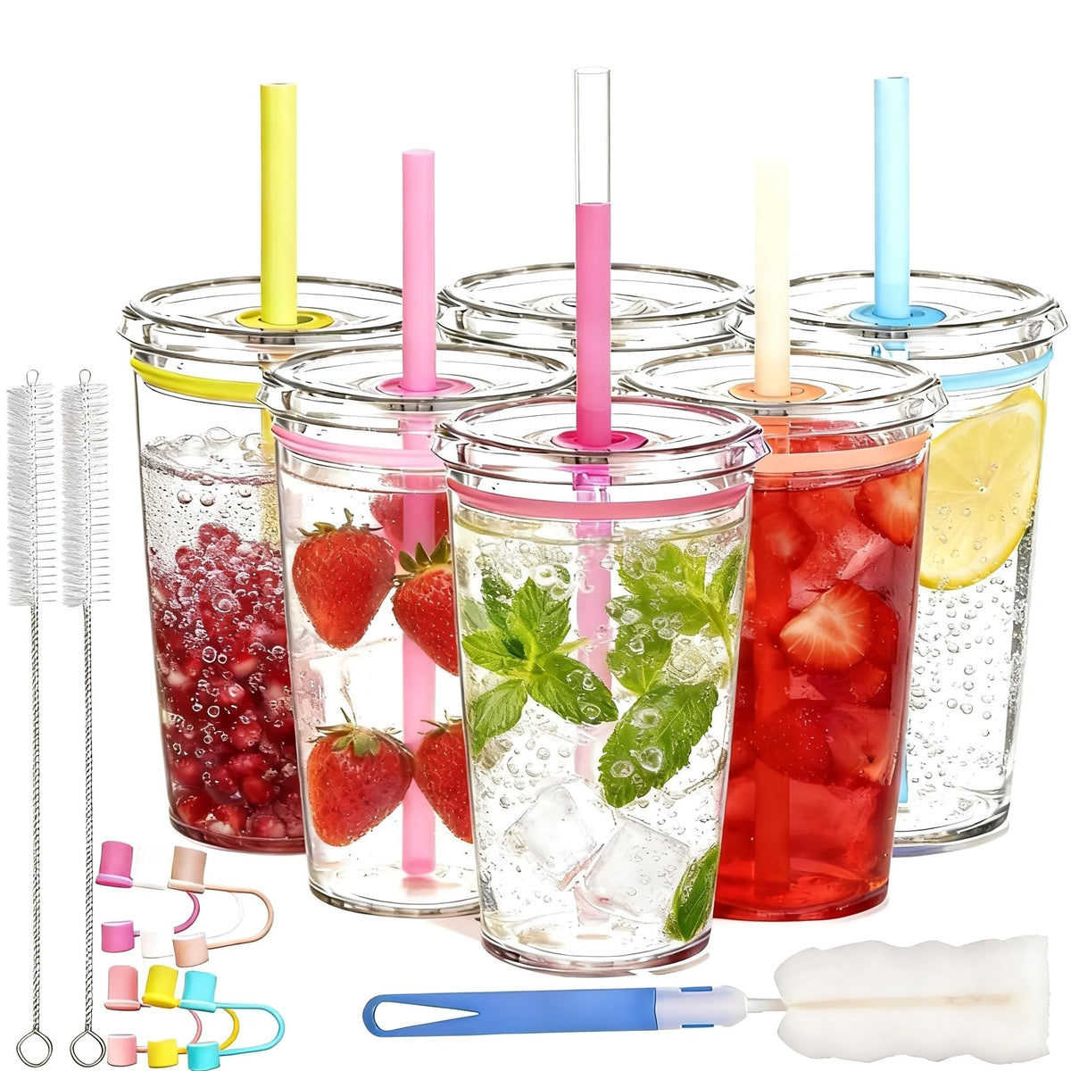 16 oz Plastic Tumbler Cup with Lid and Straw, 6 Pack T582102
