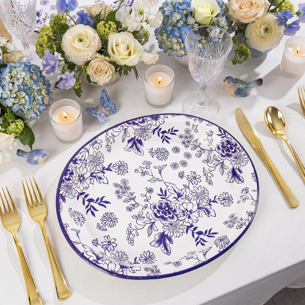50 Pack Blue Floral Disposable Paper Plates R18517