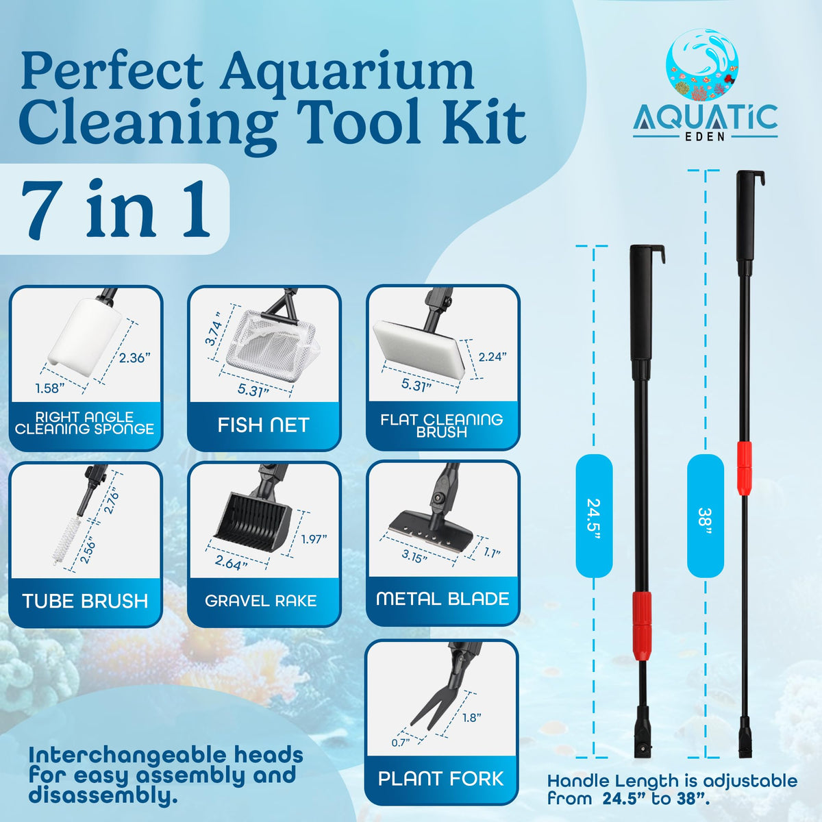 7 in 1 Aquarium Cleaning Kit with Algae Scraper, Fish Net, Gravel Rake & Brush M3977