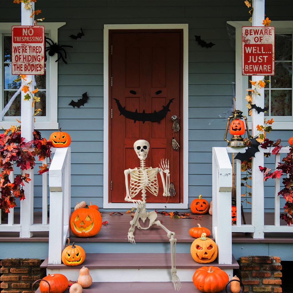5.4 ft Posable Skeleton with 2 Pack Metal Signs T3897