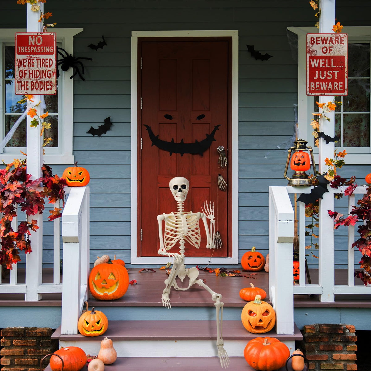 5.4 ft Posable Skeleton with 2 Pack Metal Signs T3897